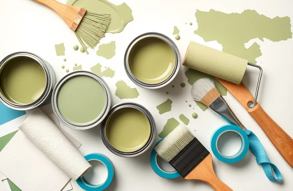 Pots de peinture, nuancier, brosses et rouleaux disposés à plat