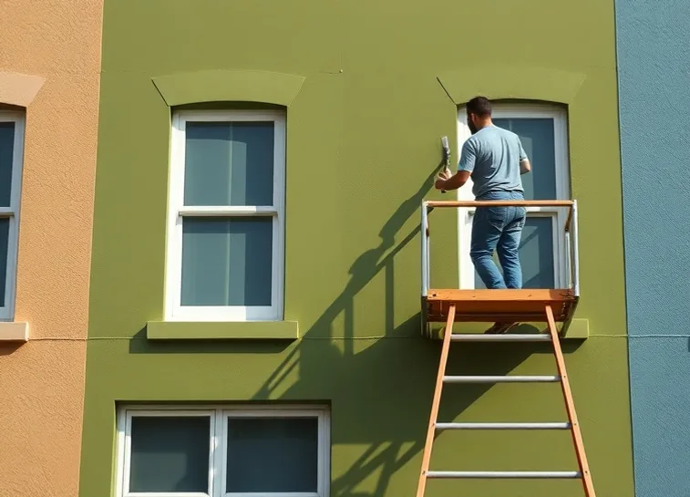 Peintre sur échafaudage traitant la façade d'une maison