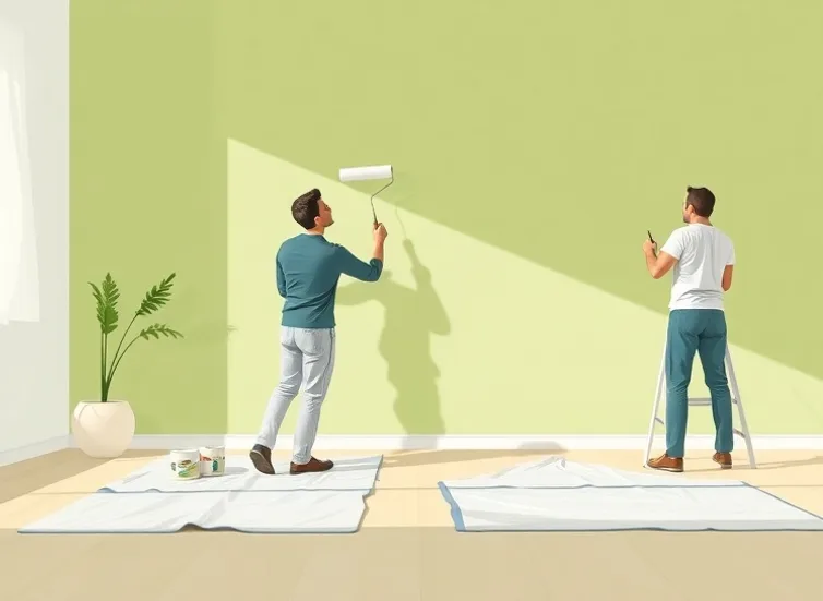Peintre appliquant la peinture au rouleau sur un mur de salon